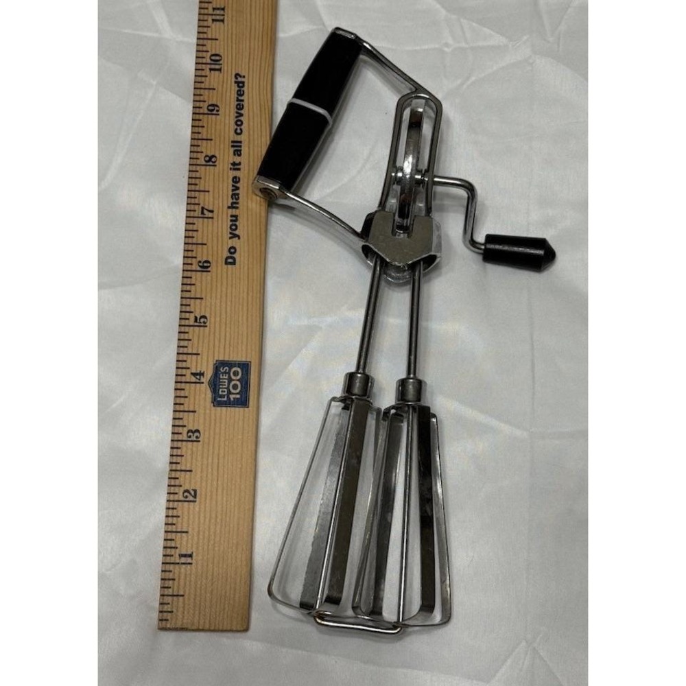 VINTAGE Hand Mixer Egg Beater Stainless Steel, Black Handle, 10 1/2"